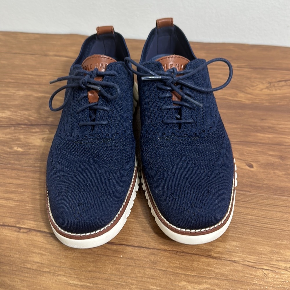Cole Haan Navy Knit Wingtip Sneakers with Brown Accents - Picture 3 of 10